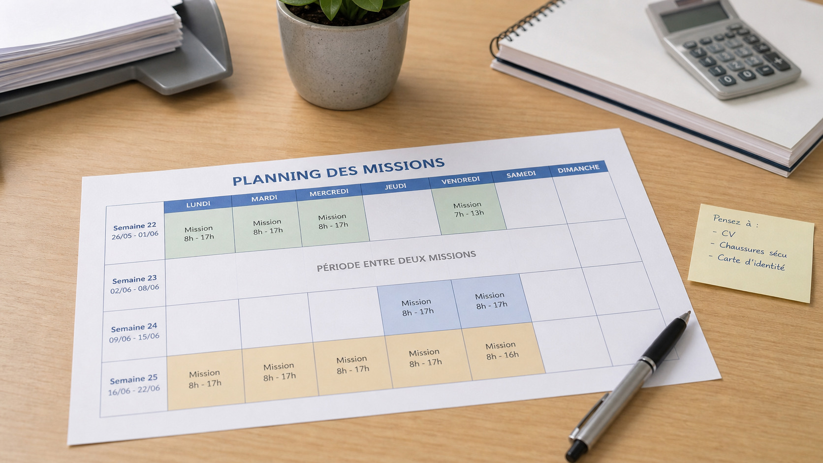 Planning d'agence d'intérim montrant une période entre deux missions