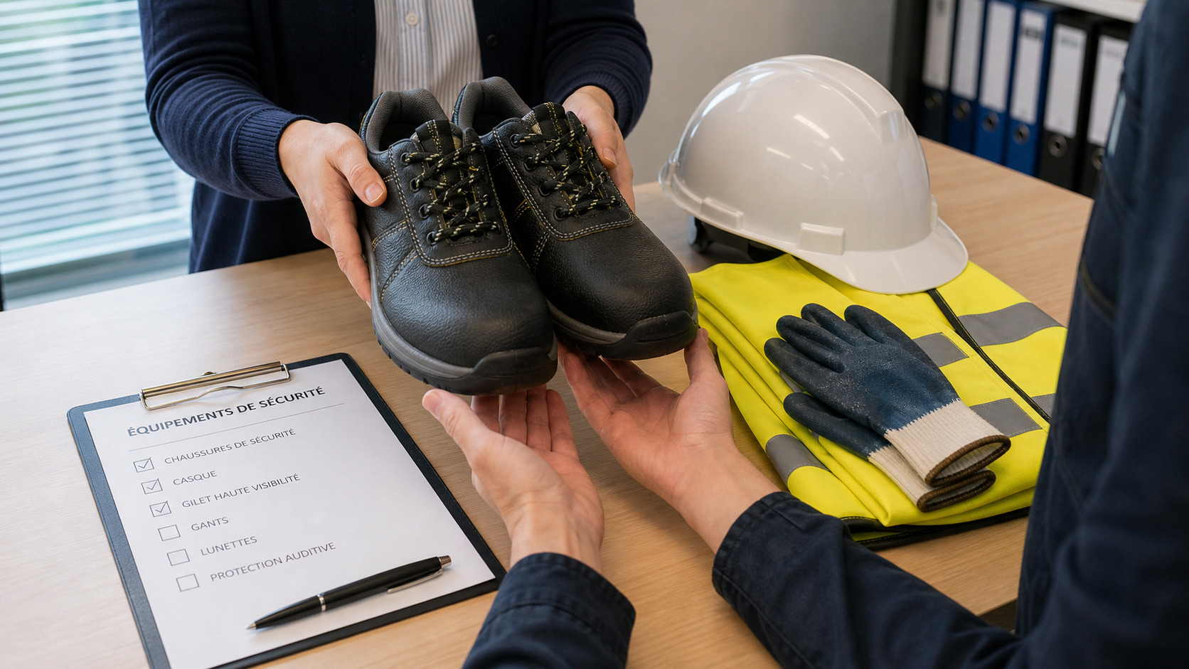 Chaussures de sécurité, casque et gants remis avant une mission